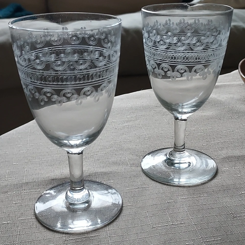 Crystal wine glasses etched scroll art deco art nouveau mcm retro - Picture 13 of 14